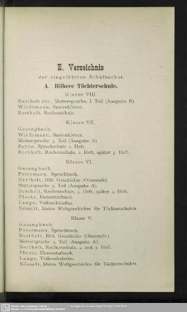 E. Verzeichnis der eingeführten Schulbücher