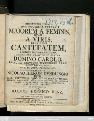 Dissertatio Ivridica, Qva Doctrina Vvlgaris Maiorem A Feminis, Qvam A Viris, Reqvirens Castitatem