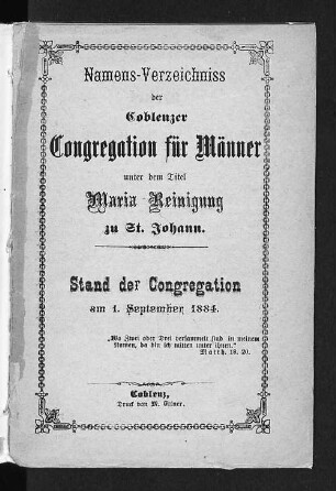 Namens-Verzeichniss der Coblenzer Congregation für Männer unter dem Titel Maria Reinigung zu St. Johann