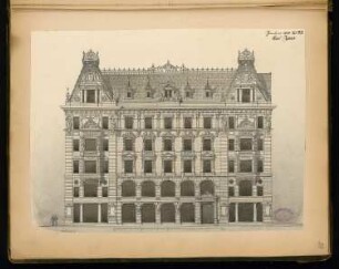 Wohn- und Geschäftshaus für die Fa. Faber, Berlin Monatskonkurrenz Januar 1882: Aufriss Straßenansicht Französische Straße; Maßstabsleiste