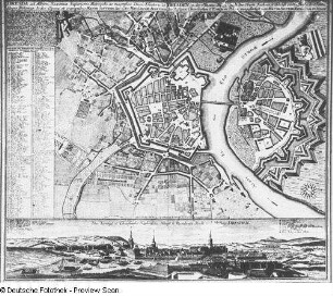 Plan von Dresden mit Stadtansicht von Nordost