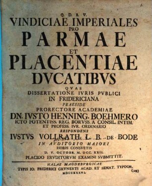 Vindiciae Imperiales Pro Parmae Et Placentiae Ducatibus