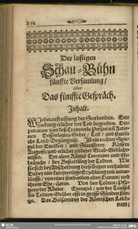 Der lustigen Schau-Bühn fünffte Versamlung, oder Das fünffte Gespräch