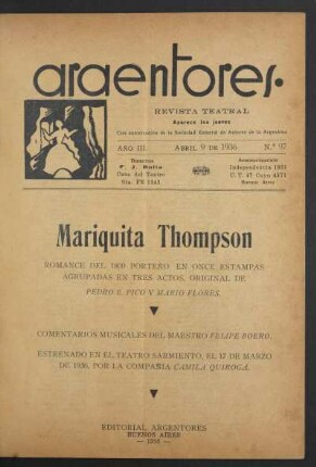 1936009700: Mariquita Thompson : romance del 1800 porteño en once estampas ; agrupadas en tres actos