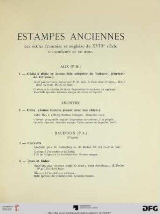 Estampes anciennes (Nr. 1-217) avec planches I-XXXV