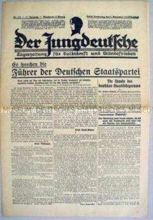 National-konservative Tageszeitung "Der Jungdeutsche" u.a. zur Gründung der Deutschen Staatspartei