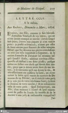Lettre CCLV. A la même. Aux Rochers, Dimanche 1. Mars, 1676