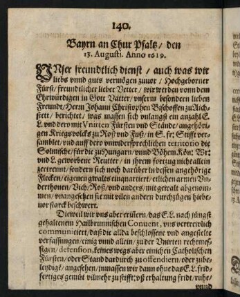 140-141, Bayrn an Chur Pfaltz den 13. Augusti Anno 1619