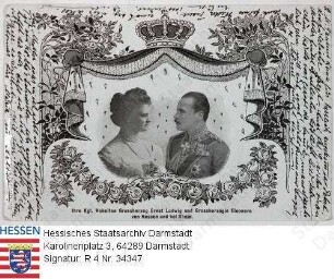 Ernst Ludwig Großherzog v. Hessen und bei Rhein (1868-1937) / Porträt mit Ehefrau Großherzogin Eleonore geb. Prinzessin zu Solms-Hohensolms-Lich (1871-1937) unter Baldachin mit Krone, einander zugewandt, Brustbilder