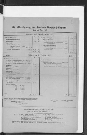 84. Abrechnung der Zweiten Vorschuß-Anstalt über das Jahr 1921