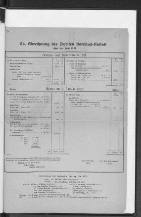 84. Abrechnung der Zweiten Vorschuß-Anstalt über das Jahr 1921