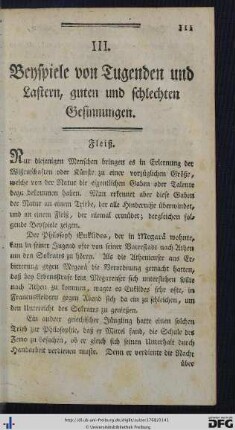 III. Beyspiele von Tugenden und Lastern, guten und schlechten Gesinnungen.
