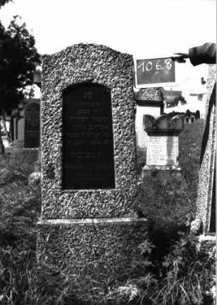 Grabstein 1068 (Index: 100104103) Material: Granit Zustand: gut erhalten Maße HxBxT: 153x52x16 cm Beschreibung: aufgesockelte Stele, Konvexbogenabschluss, grob behauen, eingelassene Schrifttafel: Grabstein 1068