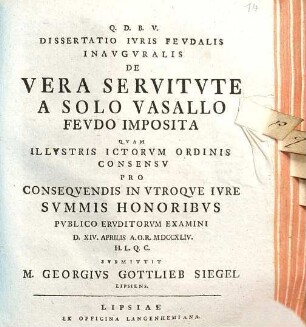 Dissertatio Ivris Fevdalis Inavgvralis De Vera Servitvte A Solo Vasallo Fevdo Imposita