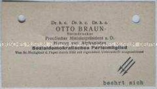 Handzettel im Layout einer Visitenkarte von Otto Braun mit Wahlpropaganda der NSDAP