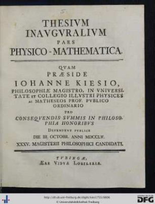 Thesivm Inavgvralivm Pars Physico-Mathematica