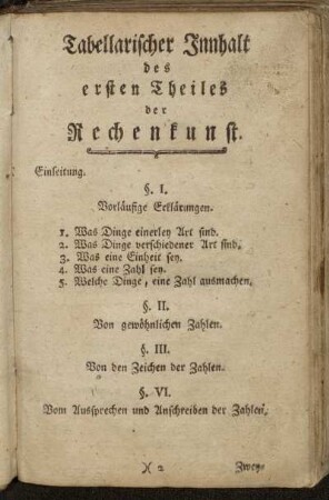 Tabellarischer Innhalt des ersten Theiles der Rechenkunst.