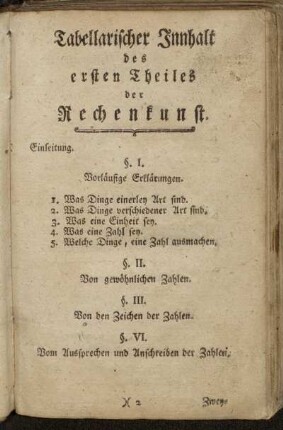 Tabellarischer Innhalt des ersten Theiles der Rechenkunst.