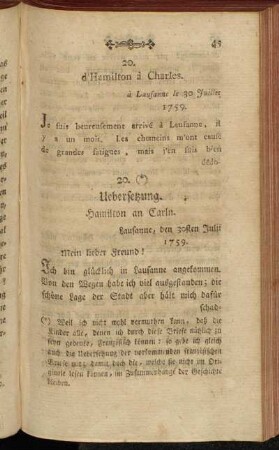20 (*) Uebersetzung. Hamilton an Carln. Lausanne, den 30sten Julii 1759.