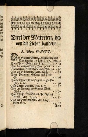 Titel der Materien, davon die Lieder handeln