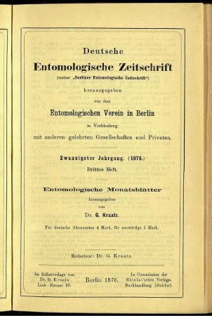 Drittes Heft. Entomologische Monatsblätter. Erster Jahrgang