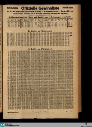 Karlsruher Zeitung, Offizielle Gewinnliste der Wohlfahrs-Geldlotterie des Bad. Landesvereins v. Roten Kreuz