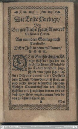 Die Erste Predigt, Von der geistliche[n] HaußApoteck der Kinder Gottes