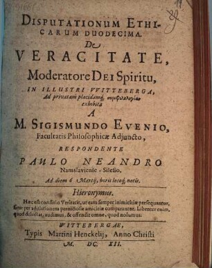 Disputationum Ethicarum Duodecima. De Veracitate