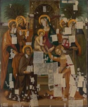 Die Vermählung der Heiligen Katharina von Alexandrien in Anwesenheit der Heiligen Helena (?), Petrus und Silvest