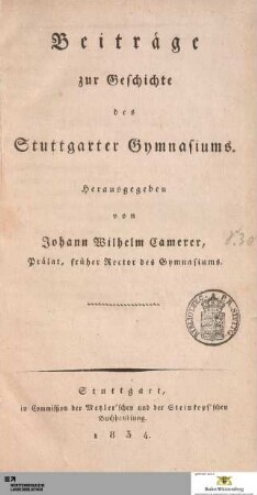 Beiträge zur Geschichte des Stuttgarter Gymnasiums