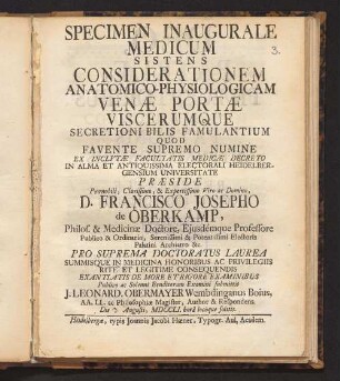 Specimen Inaugurale Medicum Sistens Considerationem Anatomico-Physiologicam Venæ Portæ Viscerumque Secretioni Bilis Famulantium