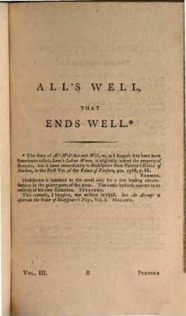 The Plays Of William Shakspeare : Accurately Printed From The Text Of Mr. Steevens's Last Edition. With A Selection Of The Most Important Notes. In Eight Volumes. 3, All's Well, That Ends Well; Taming Of The Shrew; Winter's Tale; Comedy Of Errors; MacBeth