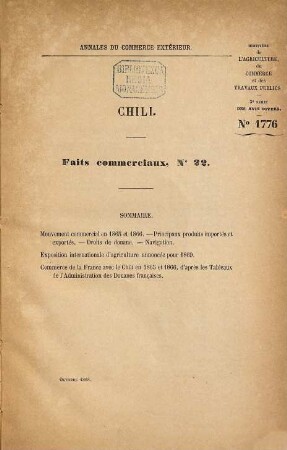 Annales du commerce extérieur. Chili. Faits commerciaux. 22/27. 1868/81