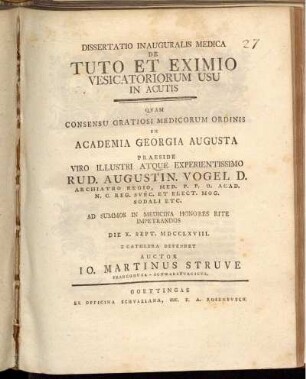 Dissertatio Inauguralis Medica De Tuto Et Eximio Vesicatoriorum Usu In Acutis