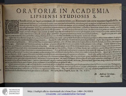 Oratoriæ in Academia Lipsiensi Studiosis S.