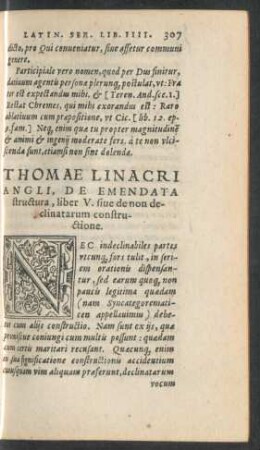 Thomae Linacri Angli, De Emendata structura, liber V. sive de non declinatarum constructione.