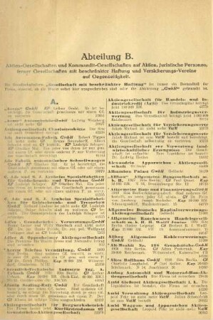 Abteilung B. Aktien-Gesellschaften und Kommandit-Gesellschaften auf Aktien, juristische Personen, ferner Gesellschaften mit beschränkter Haftung und Versicherungs-Vereine auf Gegenseitigkeit