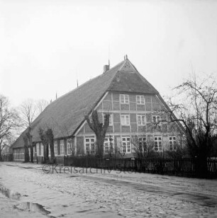 Bauernhaus Ruge/Wömmel: "Bauernvogtei": davor Bäume: rechts Garten hinter Zaun: im Vordergrund Dorfstraße mit Kopfsteinpflaster