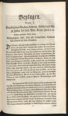 Num. I. Von Gottes Gnaden Heinrich, Bischof und Abt zu Fulda, des Heil. Röm. Reichs Fürst [et]c. [et]c.