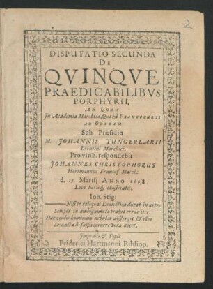 Disputatio Secunda De Quinque Praedicabilibus Porphyrii