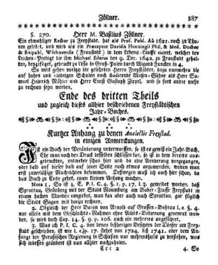 Kurzer Anhang zu denen Analectis Freystad. in einigen Anmerckungen.