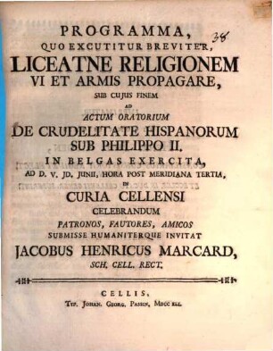 Programma quo excutitur breviter, liceatne, religionem vi et armis propagare