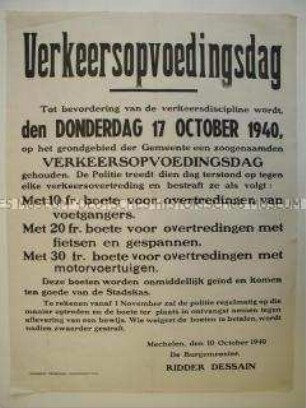 Maueranschlag zur Ankündigung eines Tages der Verkehrsdisziplin in der Gemeinde Mechelen, mit Auflistung der Strafen für die jeweiligen Vergehen
