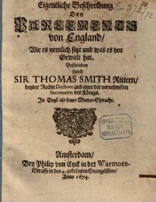Eigentliche Beschreibung des Parlements von England