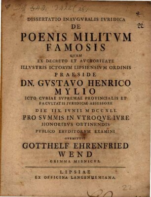 Diss. inaug. iur. de poenis militum famosis