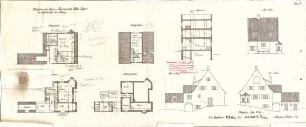 Fischer, Theodor; Icking - Schlederloh (Isartal); Landhaus Theodor Fischer - 1. Variante - Grundriss UG, Grundriss EG, Grundriss OG, Grundriss DG, Schnitt