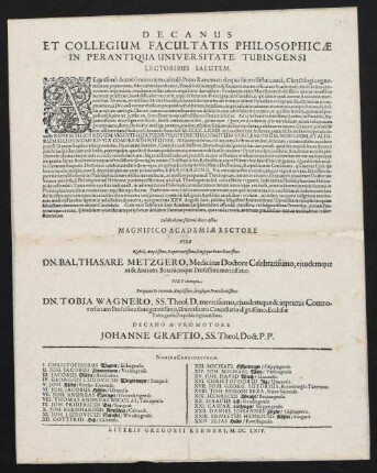 Decanus Et Collegium Facultatis Philosophicae In Perantiqua Universitate Tubingensi Lectoribus Salutem