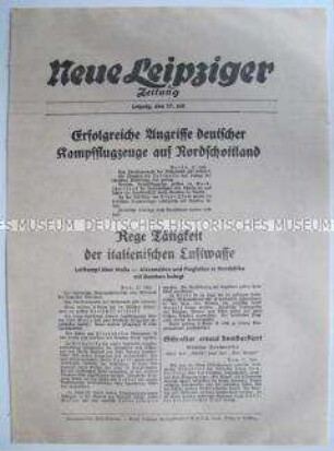 Extrablatt der "Neuen Leipziger Zeitung" u.a. über Angriffe der deutschen Luftwaffe auf Ziele in Schottland