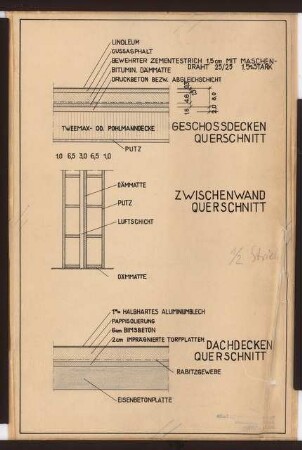 Reichsluftfahrtministerium, Berlin: Decken und Wände: Materialien Querschnitte