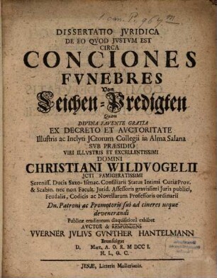 Dissertatio Jvridica De Eo Qvod Jvstvm Est Circa Conciones Fvnebres : = Von Leichen-Predigten